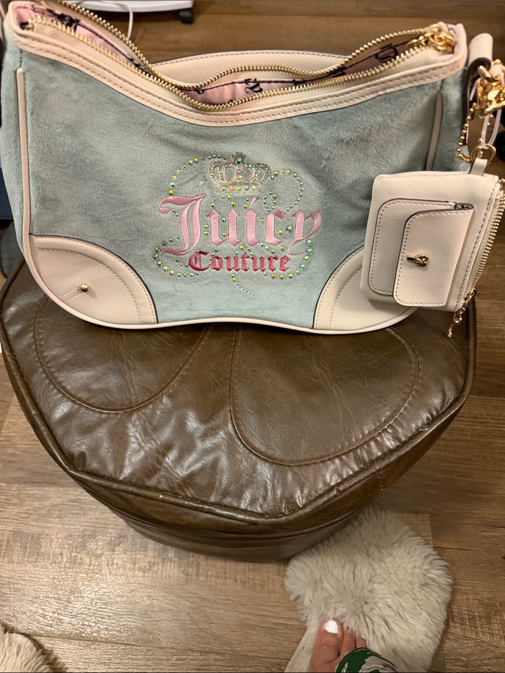 Juicy Couture Mint Suede & Blush Leather Shoulder Bag with Logo Embellishment